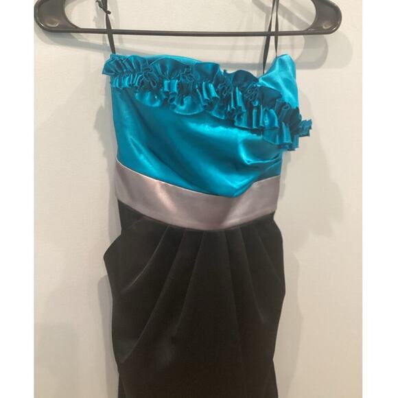 Vtg Womens Satin Mini Dress XS 3 Formal Prom Party Cocktail Teal Blue Black Y2K - Picture 2 of 10